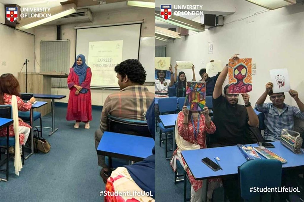 To celebrate World Mental Health Day, LONDON COLLEGE OF LEGAL STUDIES SOUTH (LCLS SOUTH), in collaboration with Mindspace, a mental wellbeing organisation founded by one of our final year students of our Recognised Teaching Centre, organised a creative art-based therapeutic workshop. The session was facilitated by a counsellor from Mindspace, who guided students on how art can be used as a tool for emotional expression and healing. Participants were encouraged to explore their emotions through creativity and to embrace the power of self-expression as a form of mindfulness. Tahsin Noor Salim, UoL Wellbeing Lead and Academic Guidance Counsellor at London College of Legal Studies (South) shared: “Through art and words, healing can begin, this workshop reminded us that expression is not just creative it’s deeply therapeutic.